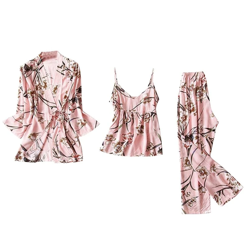 Women's Erotic Baby Dolls Sexy Sleepwear Women Satin Silk Pajama with Suspenders 3 Pieces-Beige_XL