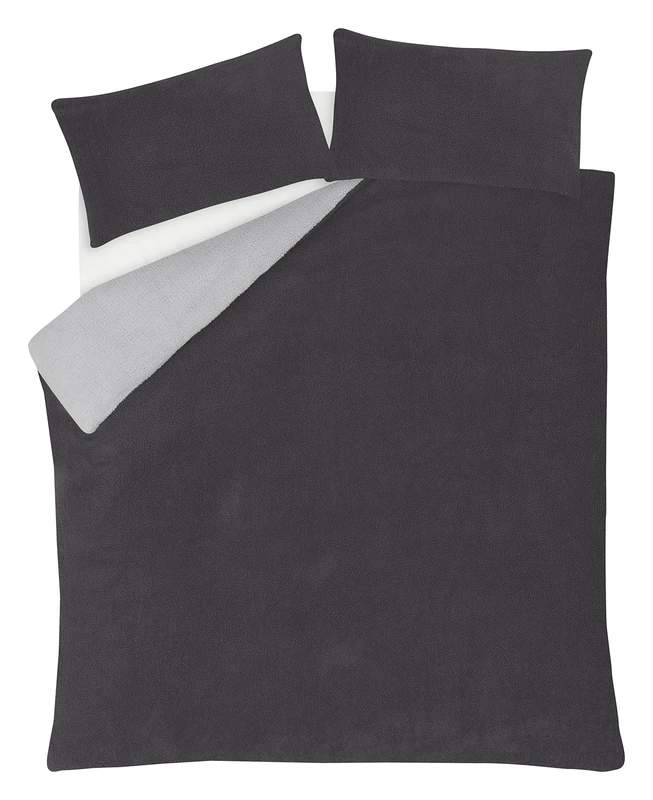 Sleepdown Reversible Teddy Fleece Thermal Warm Cosy Super Soft Duvet Cover Quilt Bedding Set with Pillow Cases - King (220cm x 230cm) - Grey/Charcoal, 5056242826569