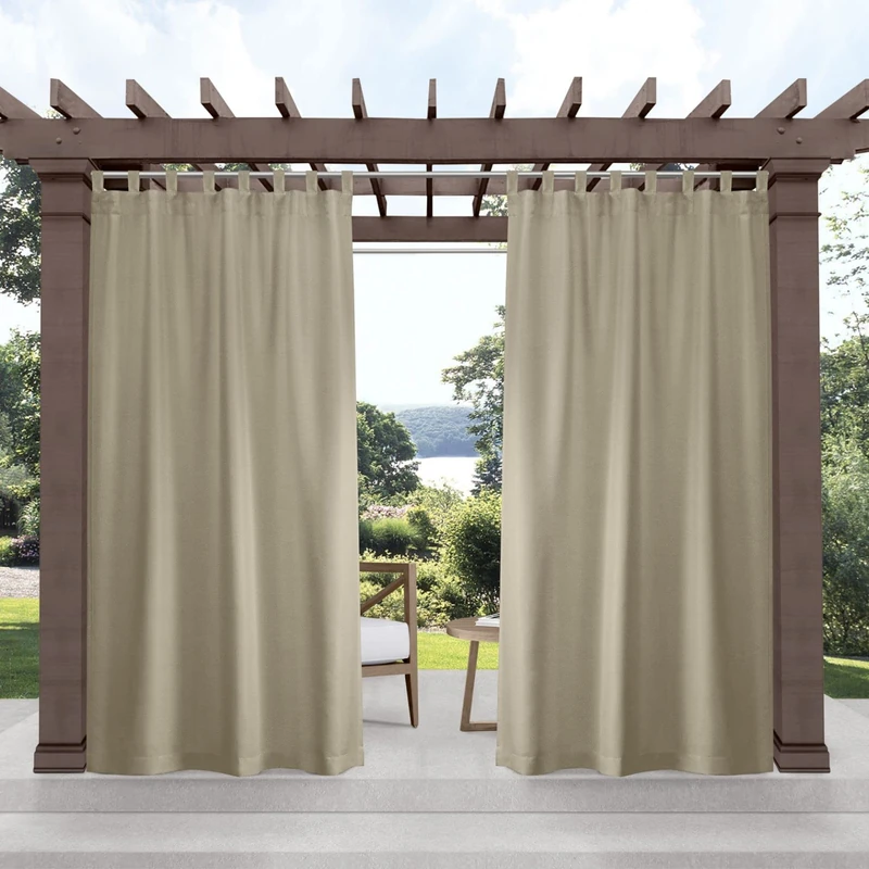 Exclusive Home Cabana Solid Indoor/Outdoor Light Filtering Hook-and-Loop Tab Top Curtain Panel, 54"x132", Taupe, Set of 2