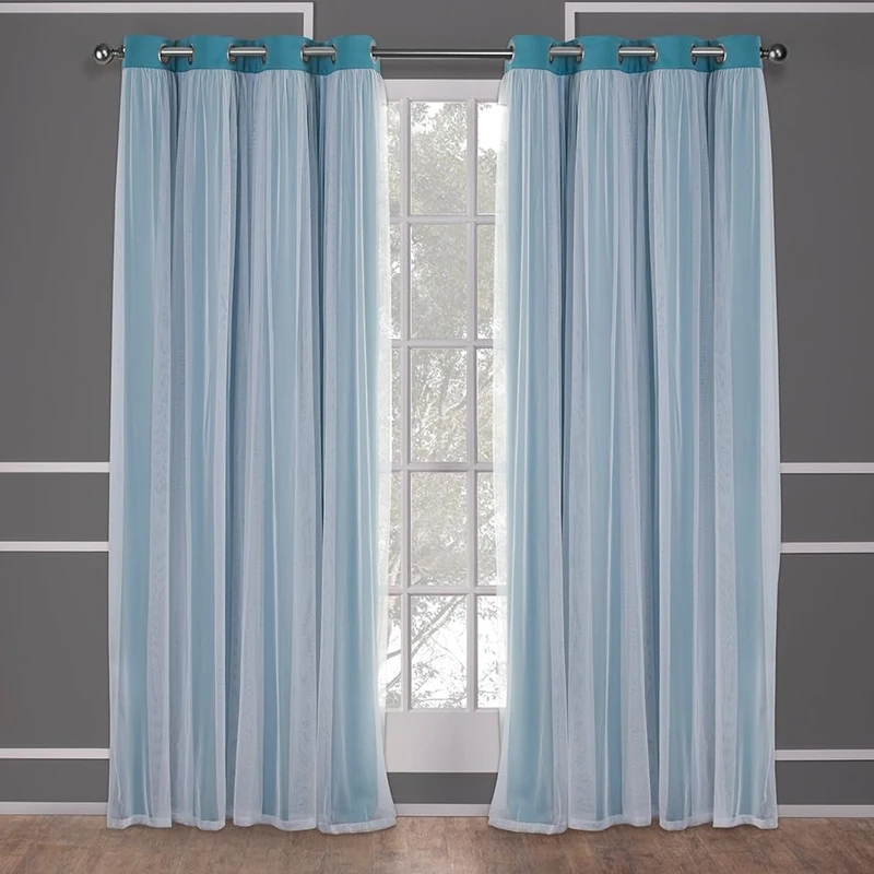 TOWN & COUNTRY LUXE Exclusive Home Catarina Layered Solid Room Darkening Blackout and Sheer Grommet Top Curtain Panel Pair, 52x120, Turquoise - Image 1