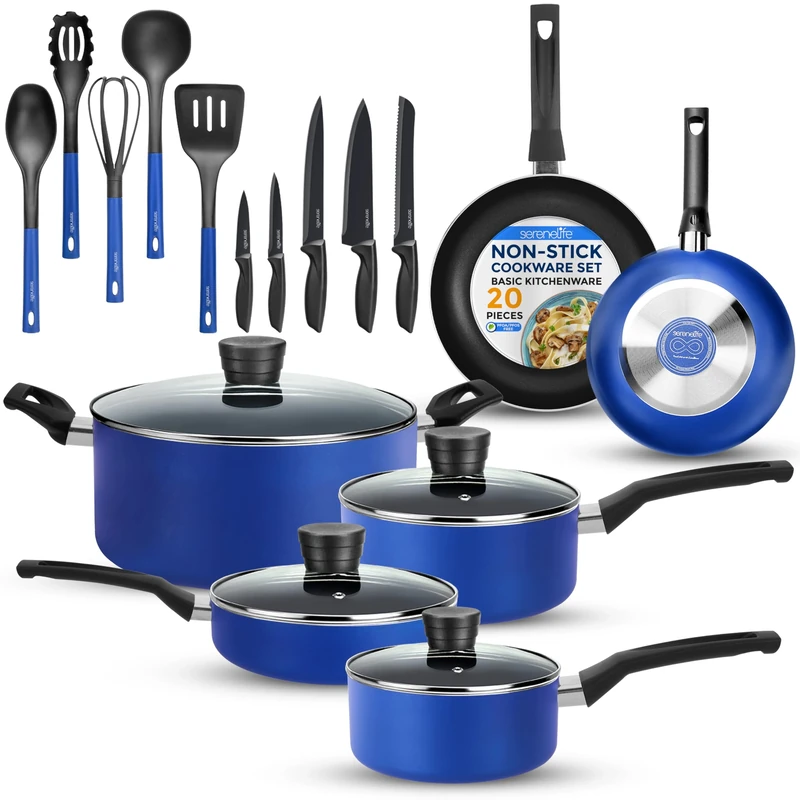 SereneLife Nonstick Pots and Pans 20-Piece, Non Stick Cookware with Black Coating, Heat-Resistant Lacquer, Stainless Steel Cooking Pan, Kitchen Cookwares, 20–26cm Sizes, Blue