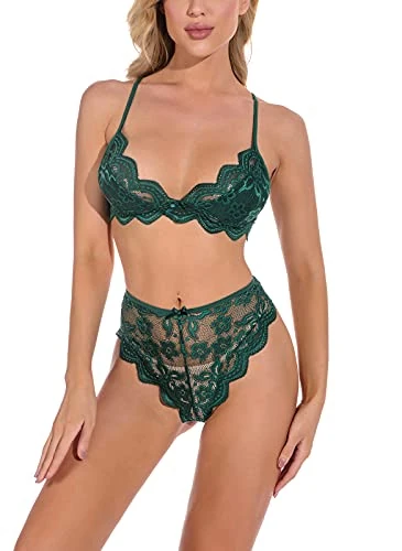 marysgift Bra and Panties Set Lace Lingerie Set Strap 2 Piece Solid Babydoll Underwear for Women Bralette Green M UK 10 12