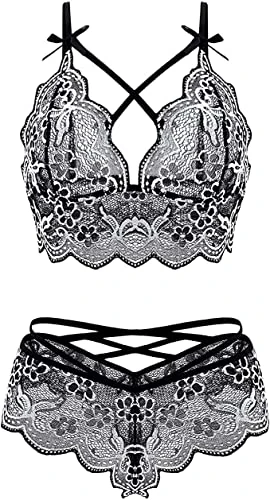 marysgift Sexy Bra Lingerie Set Women Babydolls Lace Bow Bralette Underwear for Ladies Knickers Black M UK 8 10