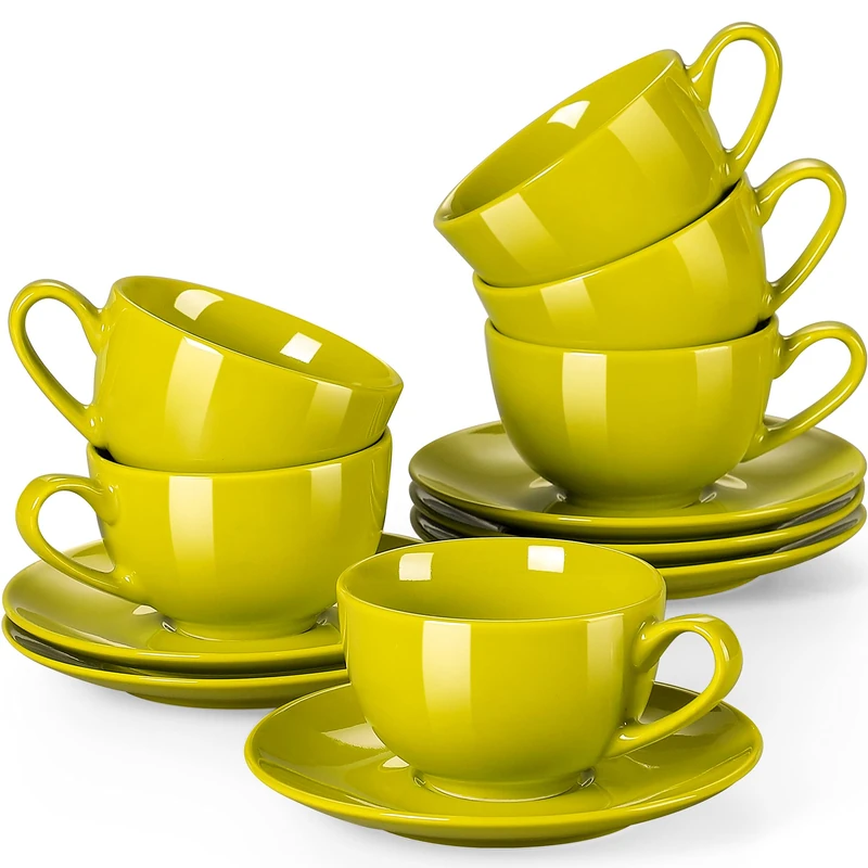 LOVECASA, Series Sweet, Coffee Cups Porcelain Modern Coffee Mugs and Saucers Stacking Cup and Saucer Set -12-Piece Combination Sets - 6 Cups & 6 Saucers Cappuccino Cups, Green