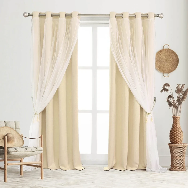 SOFJAGETQ Blackout Curtains Set - Farmhouse Mix & Match Sheer Light Blocking Drapes Beige Window Treatments with Tie-Backs for Living Room, Bedroom 52 x 84 inches, Biscotti Beige, 2 Pieces