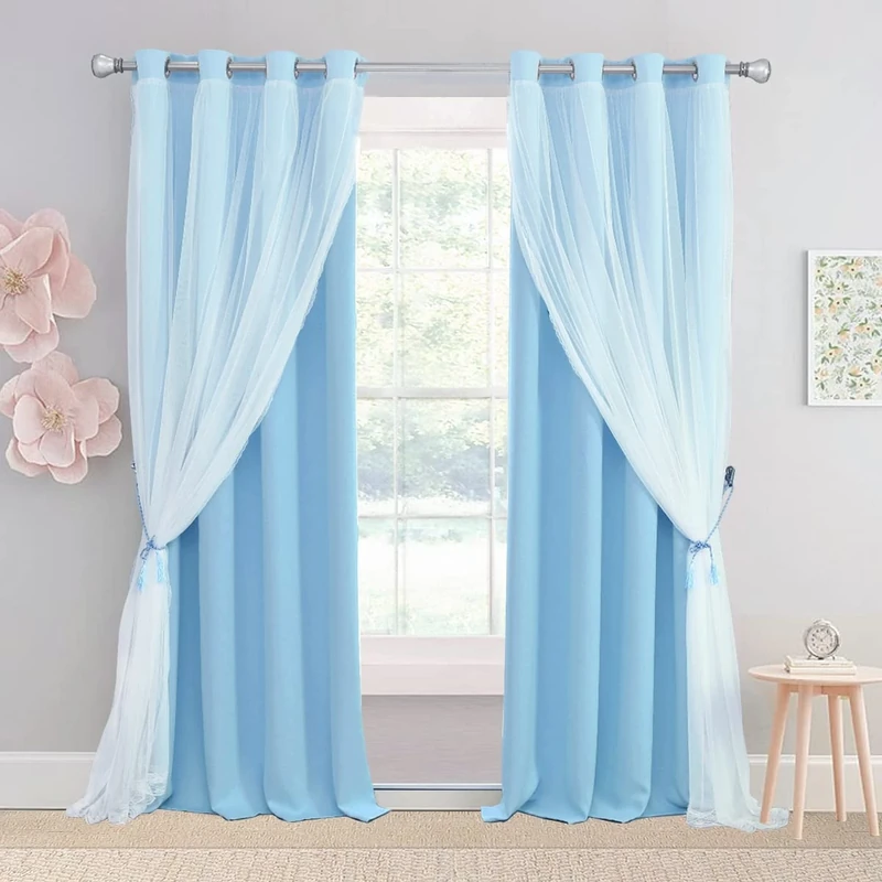SOFJAGETQ Light Blue Blackout Curtains 84 inch Length - Double Layers Blue Romantic Curtains with Sheer Overlay, Window Curtains & Drapes for Kids/Girls/Boys Bedroom Living Room Nursery, 2 PCs