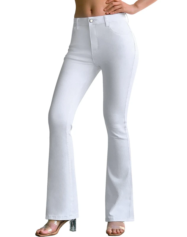 roswear Womens Mid Waist Bell Bottom Stretchy Flare Jeans Pants, White, Large