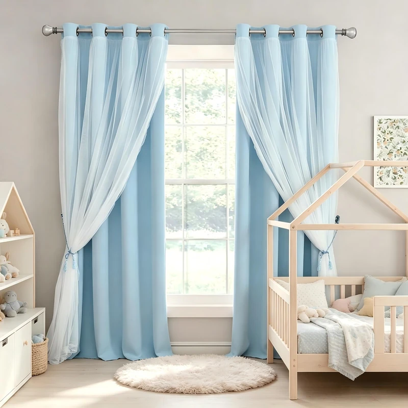 SOFJAGETQ Blackout and Sheer Curtains Set- Mix & Match Window Treatments Light Blocking Drapes 2 Layers Decor with Tie-Backs for Kids/Girl's Bedroom, Living Room, 52 by 96 in, Light Blue, 2 PCS