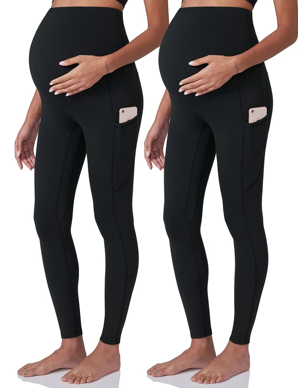 POSHDIVAH Women's Maternity Workout Leggings Over The Belly Pregnancy Yoga Pants with Pockets Soft Activewear Work Pants, 2pcs Black, M