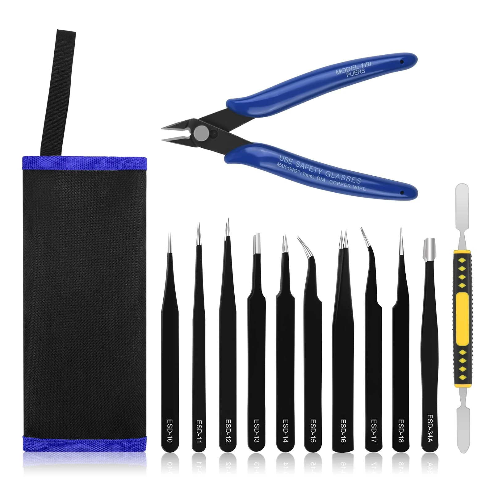 Ainiv Precision Tweezers Set, 11PCS Anti-Static ESD Tweezers Set with 1PCS Micro Wire Cutter for Modeling, Electronic Repair, Handicraft, Laboratory, Jewelry Manufacturing, Hobby etc