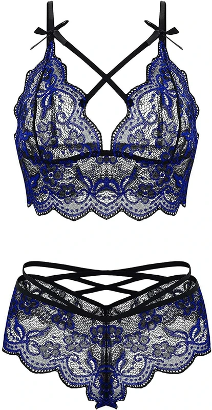 marysgift Lingerie Sets for Women Strappy Underwear Lace Mesh Babydoll Nightwear Floral Bralette Set Bra and Panty Set Blue M UK 8 10