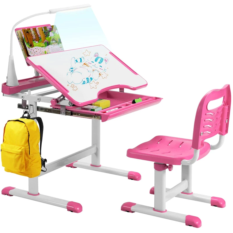 GYMAX Kids Desk and Chair Set, Height Adjustable Children Art Table with Chair, Tilt Desktop, LED Light, Storage Drawer & Book Stand, Study Furniture Set for Girls Boys (Pink)