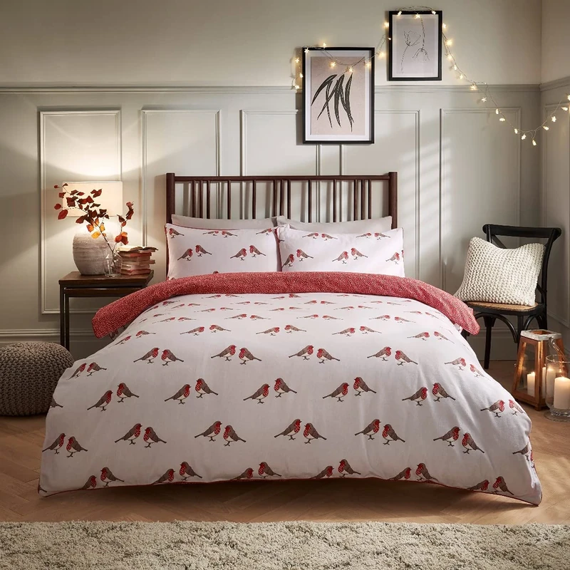 Sleepdown Robin Brushed Cotton Reversible Piped Edged Thermal Warm Cosy Super Soft Duvet Cover Quilt Bedding Set with Pillow Cases - King (220cm x 230cm) - Red, 5056242828440