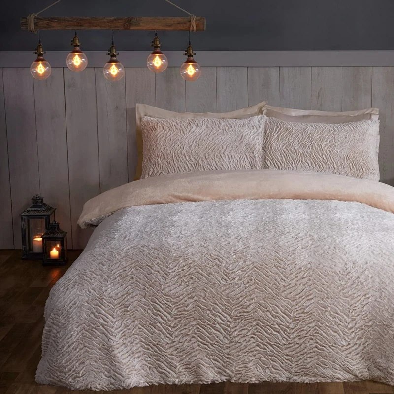 Sleepdown Textured Two Tone Faux Fur Fleece Thermal Warm Cosy Super Soft Duvet Cover Quilt Bedding Set with Pillow Cases - Super King (220cm x 260cm) - Natural