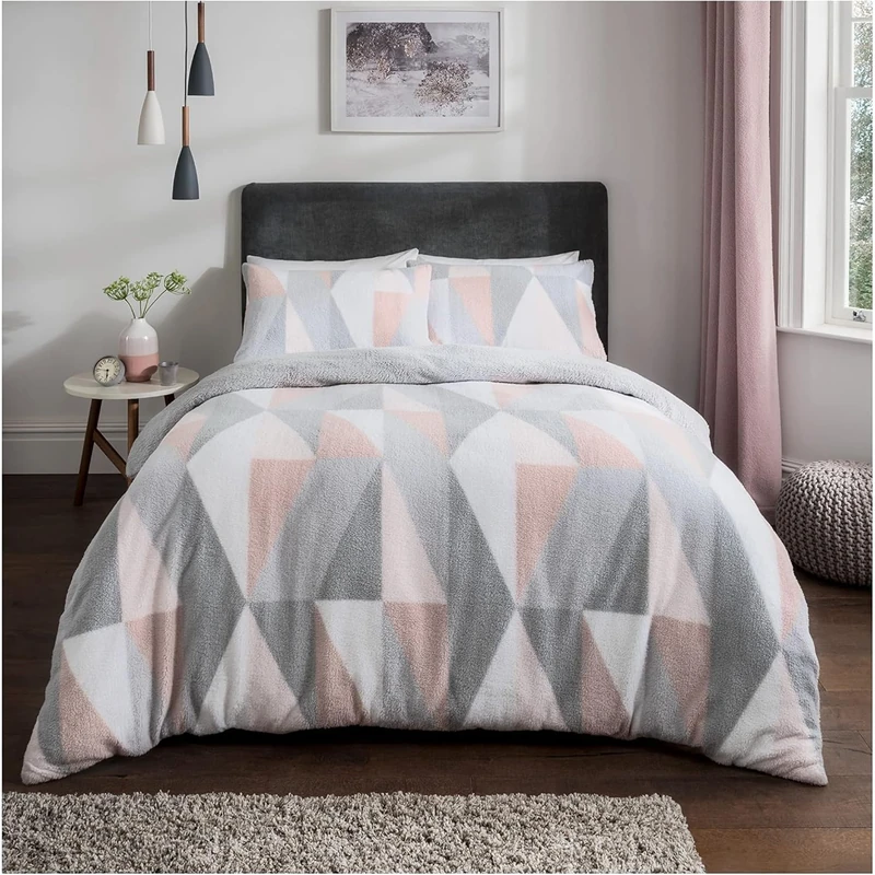 Sleepdown Geometric Teddy Fleece Thermal Warm Cosy Super Soft Duvet Cover Quilt Bedding Set with Pillow Cases - Blush Pink - King (220 cm x 230 cm)