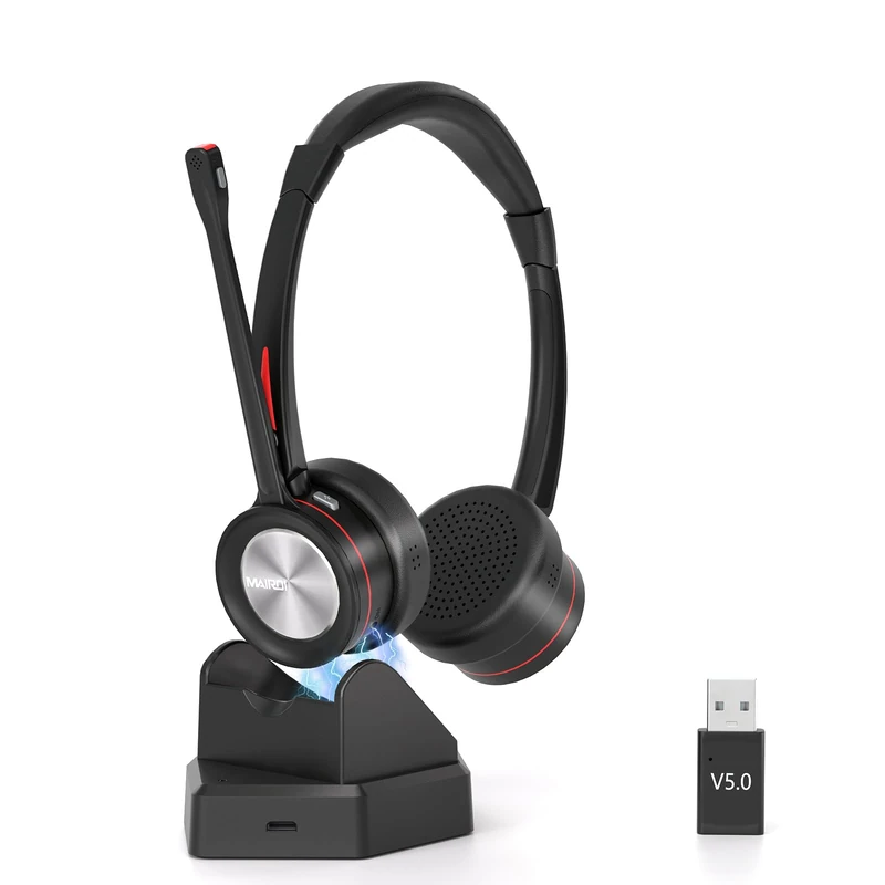 Mairdi Wireless Headset with Microphone Noise Canceling, Stereo Bluetooth 5.2 Headset with Charging Station, with USB Bluetooth Adapter for Mobile Phone PC Call Center Office Zoom Microsoft Team Skype