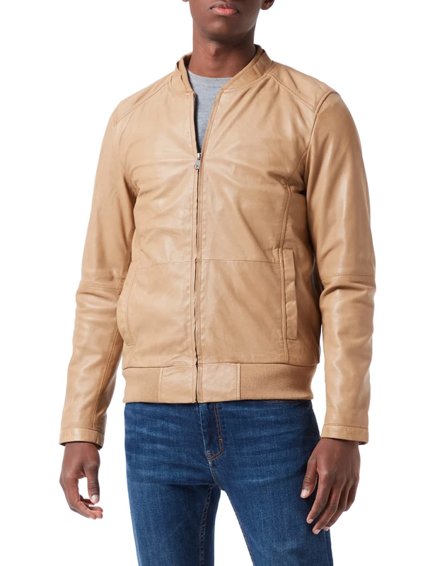Freaky Nation Men's Yorik-FN Leather Jacket, Beige, 3XL