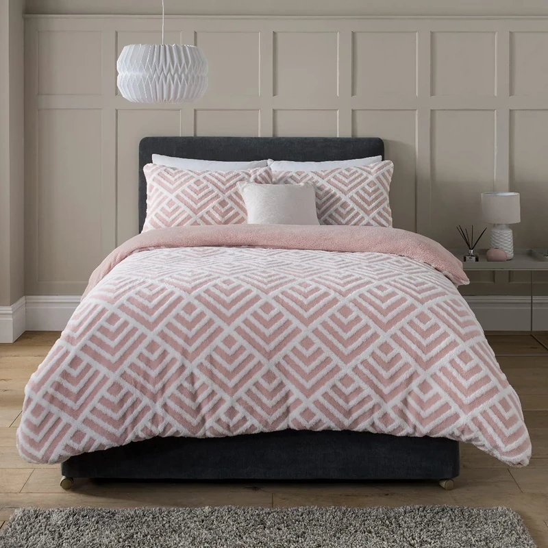 Sleepdown Geo Jacquard Fleece Thermal Warm Cosy Super Soft Duvet Cover Quilt Bedding Set with Pillow Cases - Blush Pink White2, Super King (220cm x 260 cm)