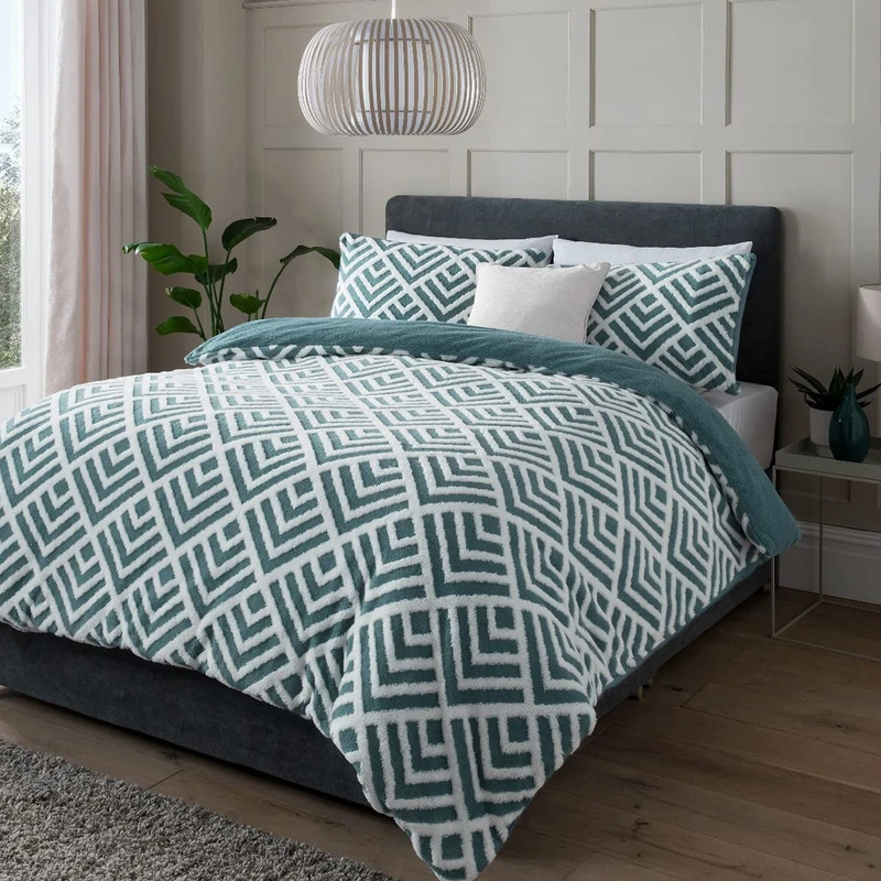 Sleepdown Geo Jacquard Fleece Thermal Warm Cosy Super Soft Duvet Cover Quilt Bedding Set with Pillow Cases - King (220cm x 230cm) - Teal White