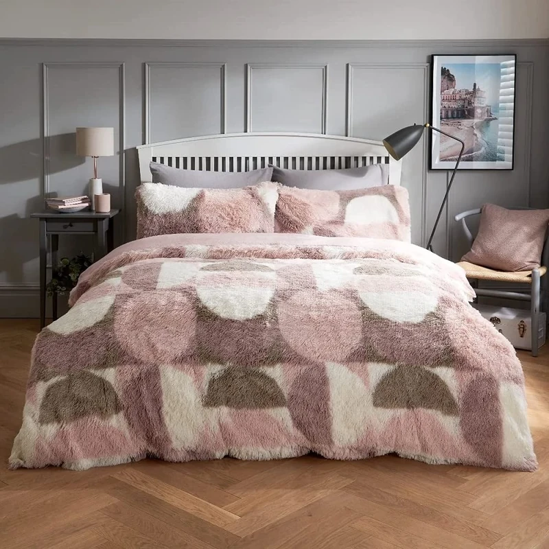 Sleepdown Curved Geo Shaggy Faux Fur Fleece Thermal Warm Cosy Super Soft Duvet Cover Quilt Bedding Set with Pillow Cases - Double (200cm x 200cm) - Blush Pink