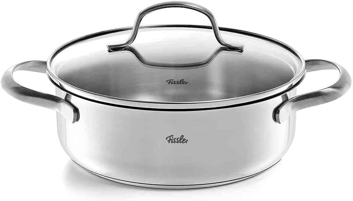 Fissler San Franciso Stainless Steel Casserole Dish 2.1 L Diameter 20 cm with Glass Lid Pouring Rim Energy-Saving Also Suitable for Induction Cookers, 040-123-20-000/0