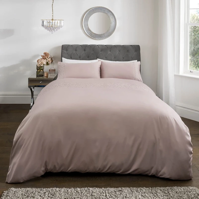 Sleepdown Gem Embellished Sateen Blush Pink Duvet Cover Quilt and Pillow Cases Bedding Set Soft Cosy - Super King (220cm x 260cm)