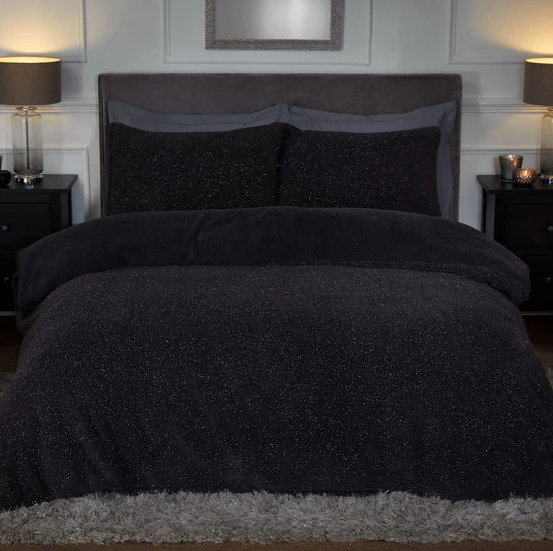 Sleepdown Sparkle Teddy Fleece Thermal Warm Cosy Super Soft Duvet Cover Quilt Bedding Set with Pillow Cases-Double (200cm x 200cm) -Charcoal, Polyester