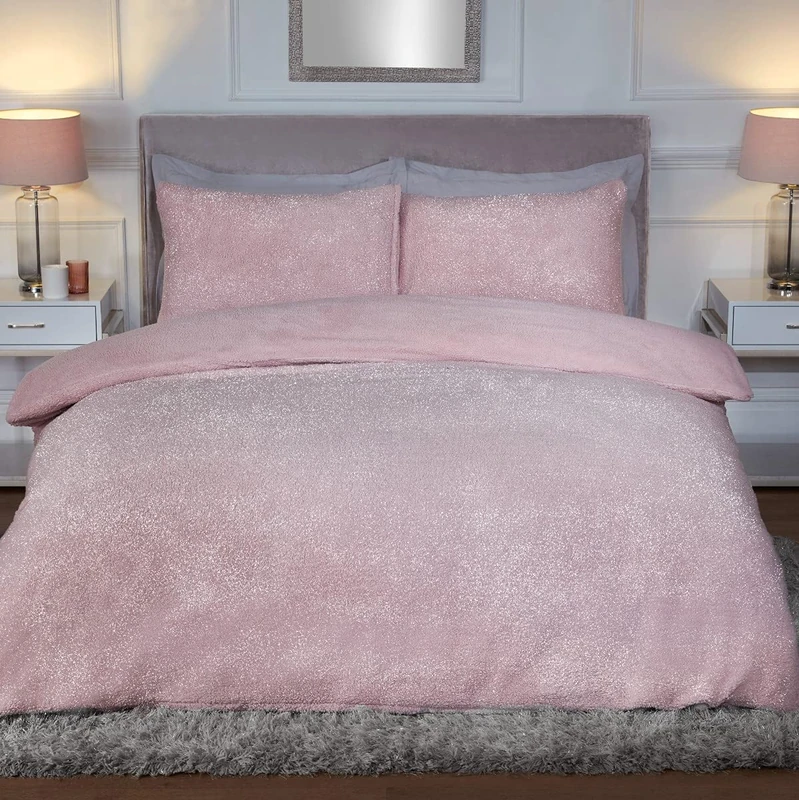 Sleepdown Sparkle Teddy Fleece Thermal Warm Cosy Super Soft Duvet Cover Quilt Bedding Set with Pillow Cases - Double (200cm x 200cm) - Blush Pink