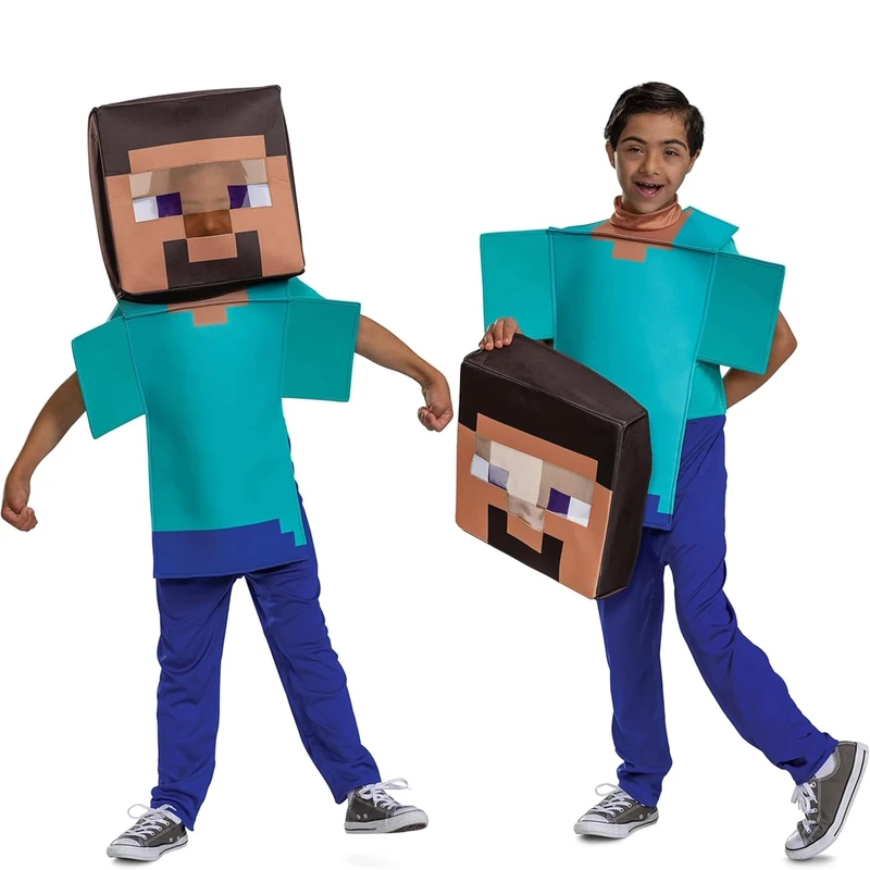 Steve Costume for Kids, Official Adaptive Minecraft Costume Jumpsuit and Head, Child Size Medium (7-8)