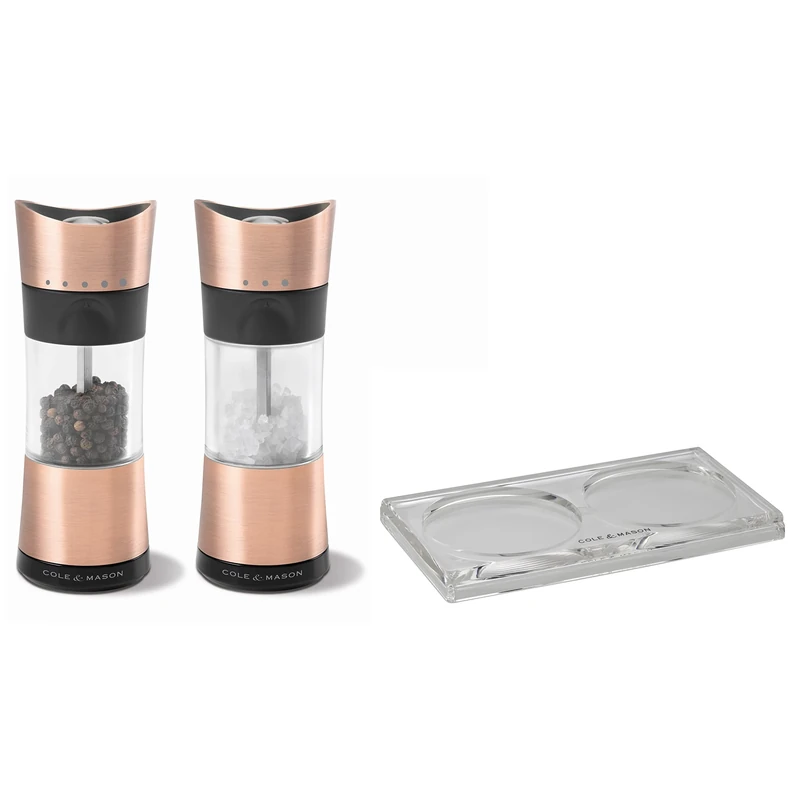 Cole & Mason H306691P/H306692P Horsham Copper Salt and Pepper Mills / H306119 Ramsgate Clear Salt and Pepper Mill Tray | Bundle | Lifetime Mechanism Guarantee - Mills