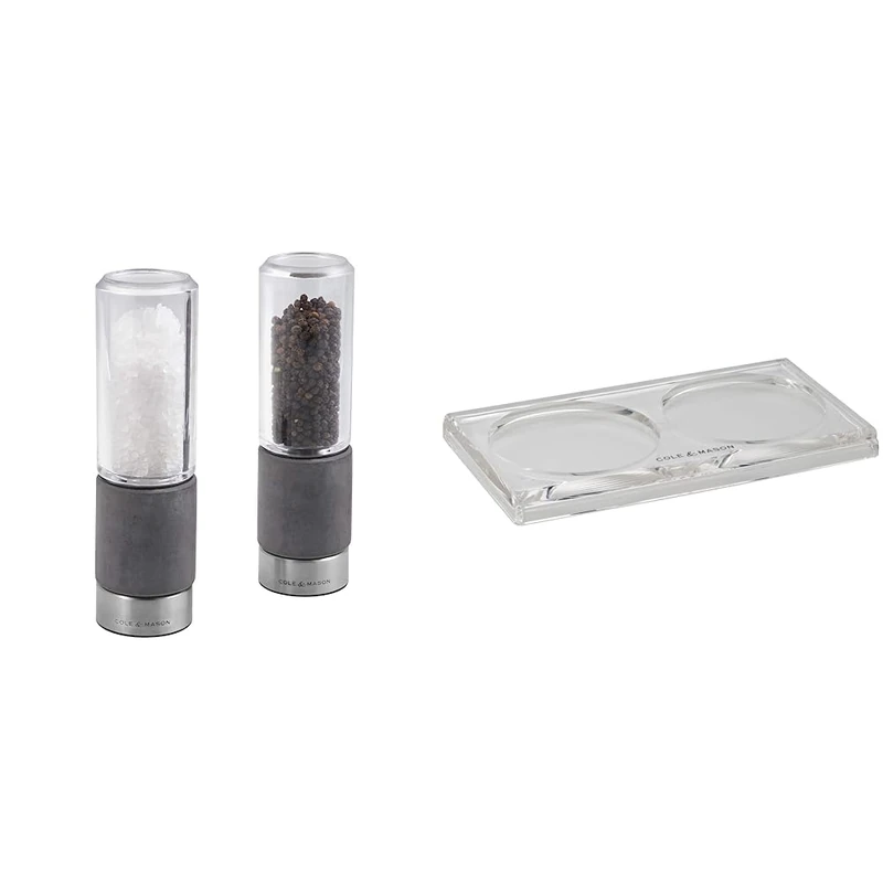 Cole & Mason H321803 Regent Salt and Pepper Mills / H306119 Ramsgate Clear Salt and Pepper Mill Tray | Bundle | Lifetime Mechanism Guarantee - Mills