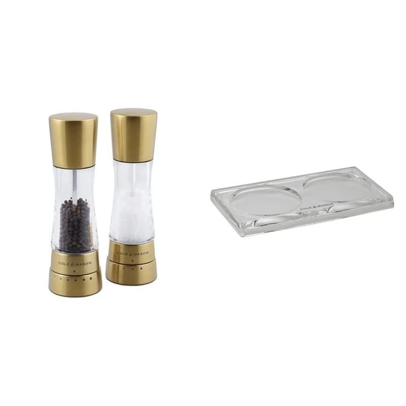 Cole & Mason H332017 Derwent Gold Salt and Pepper Mills / H306119 Ramsgate Clear Salt and Pepper Mill Tray | Bundle | Lifetime Mechanism Guarantee - Mills