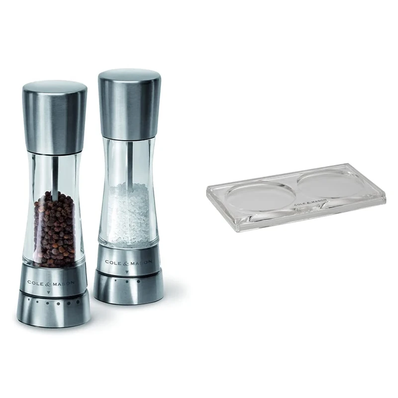 Cole & Mason H59408G Derwent Salt and Pepper Mills / H306119 Ramsgate Clear Salt and Pepper Mill Tray | Bundle | Lifetime Mechanism Guarantee - Mills