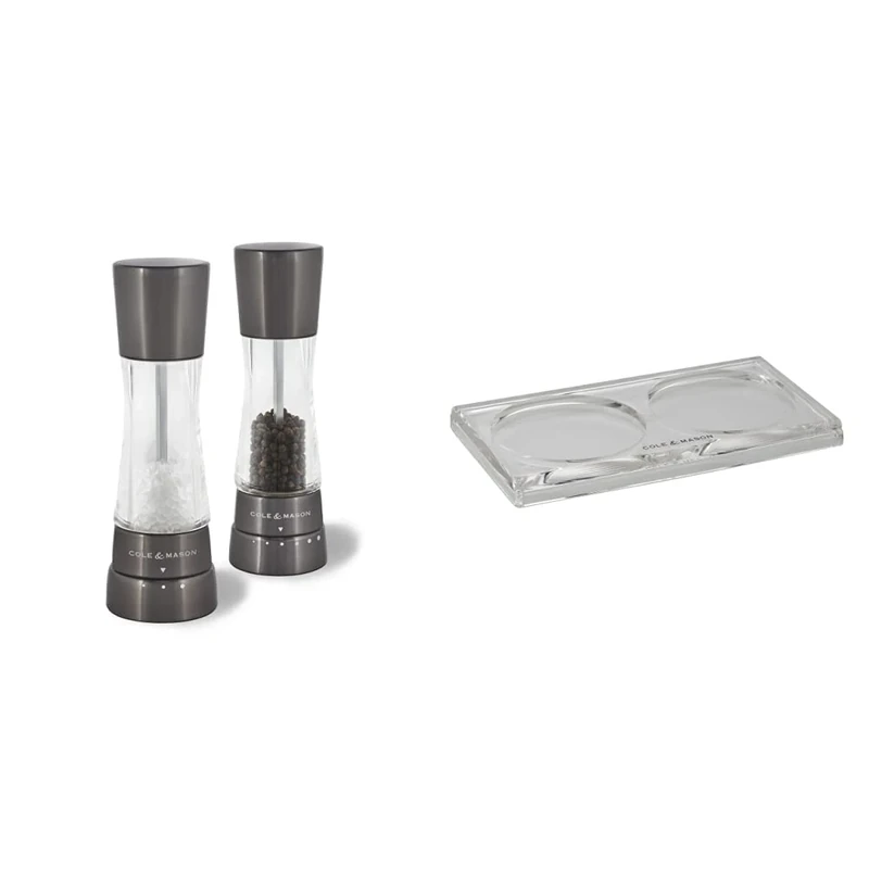Cole & Mason H59428G Derwent Gunmetal Salt and Pepper Mills / H306119 Ramsgate Clear Salt and Pepper Mill Tray | Bundle | Lifetime Mechanism Guarantee - Mills, 190 mm
