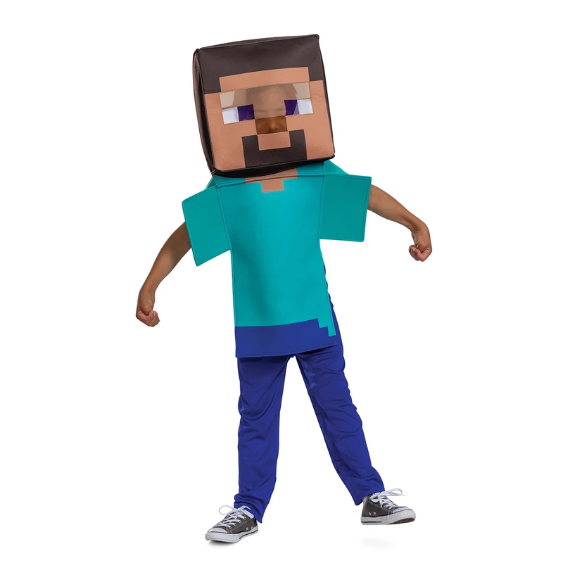 Steve Costume for Kids, Official Adaptive Minecraft Costume Jumpsuit and Head, Child Size Small (4-6)