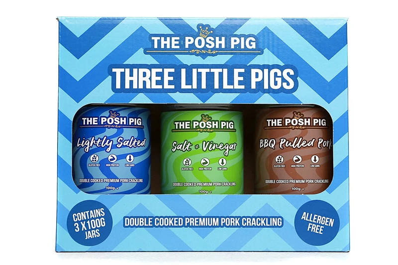 The Posh Pig - 3 x 100g Flavoured Pork Crackling Gift Set - Allergen Free - Low Carb - High Protein (Classic Trio (Salt,Salt&Vinegar,BBQPulledPork))