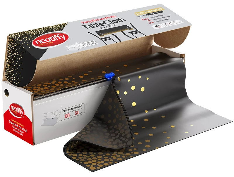 Neatiffy Disposable Plastic Table Cloth Roll, Party/Banquet Table Cover, Tablecloths for Rectangle/Round/Square Tables, Equals to 12 Picnic Pack (54 Inch x 100 Feet, Black Golden Dot)