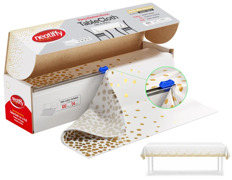 Neatiffy Disposable Plastic Table Cloth Roll, Party/Banquet Table Cover, Tablecloths for Rectangle/Round/Square Tables, Equals to 12 Picnic Pack (54 Inch x 100 Feet, White Golden Dot)
