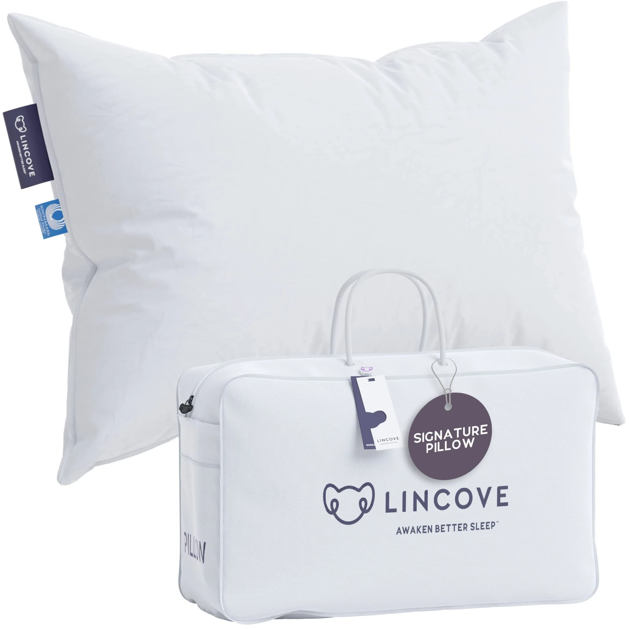 Lincove Signature 100% Canadian White Down Pillow - Luxury Sleeping Pillow for Back, Stomach & Side Sleepers - 800 Fill Power Bed Pillow, 500 Thread Count, Made in Canada, Queen - Soft, 1 Pack