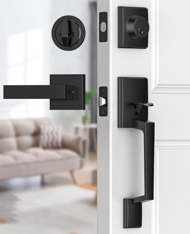 Brightify Black Front Door Handle, Matte Black Exterior Door Handle with Door Lever, Modern Front Door Lock Set, Adjustable Deadbolt with Single Cylinder, Reversible for Right&Left