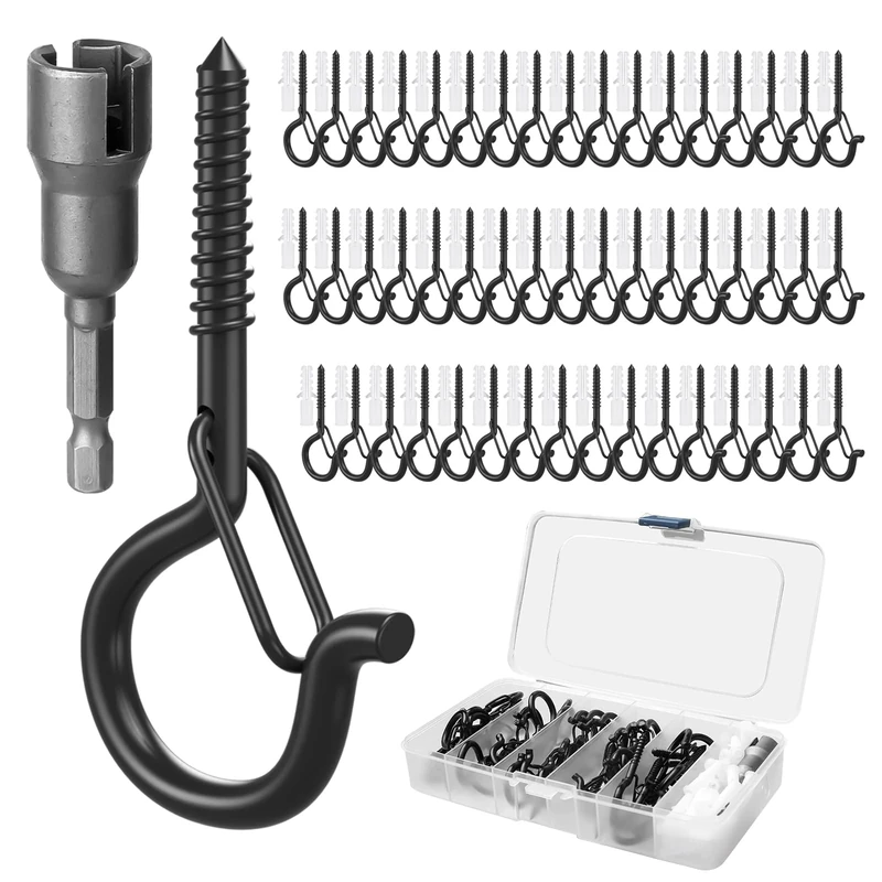 GIPTIME 50 Set Q-Hanger Hooks for Outdoor String Lights, Ceiling Hook Screw Christmas Rope Light Clips, Fairy Lights Plants Wind Chimes Hanging Safety Buckle Design, Include Wing Nut Driver