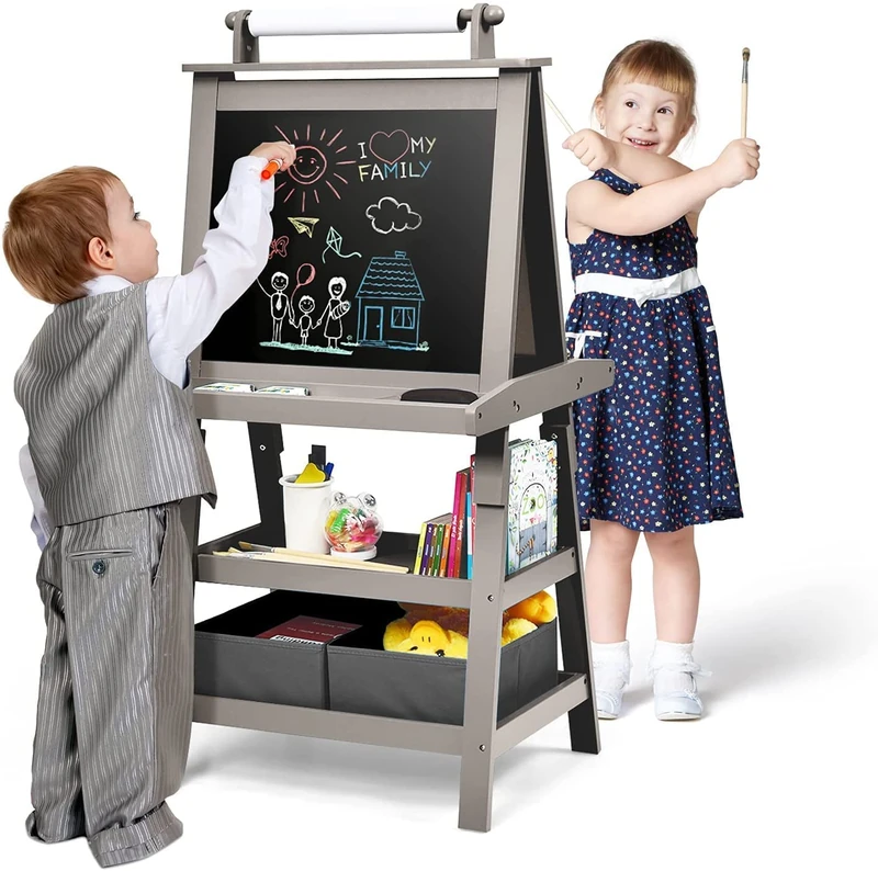 GYMAX Wooden Kids Easel, Double Sided Whiteboard & Chalkboard Painting Easel with Paper Roll, 2 Storage Boxes and 2 Pigment Cups, Art Drawing Board Stand for Children (Light Grey)