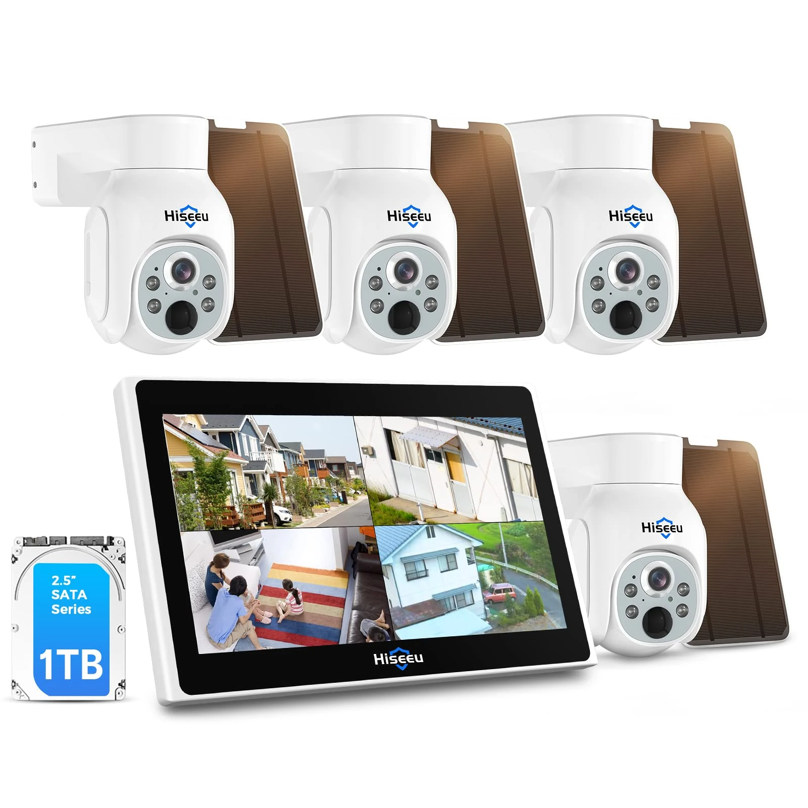 10 Channels+1TB HDDHiseeu 4MP Solar Wireless Security Camera System,WiFi CCTV Camera System with Solar Panel, 4x 4MP Battery Operated Outdoor Security Camera, Motion Detection, Color Night Vision