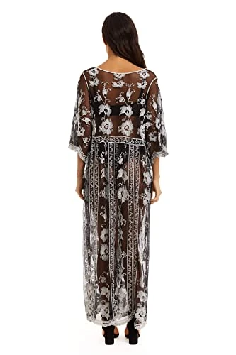 marysgift Kimono Cardigans for Women Lace Crochet Swimwear Open Front Summer Bikini Coverups Loose Robe Bathing Suit Outfits Long Gauze Beach Cover Up Black-Apricot A000024
