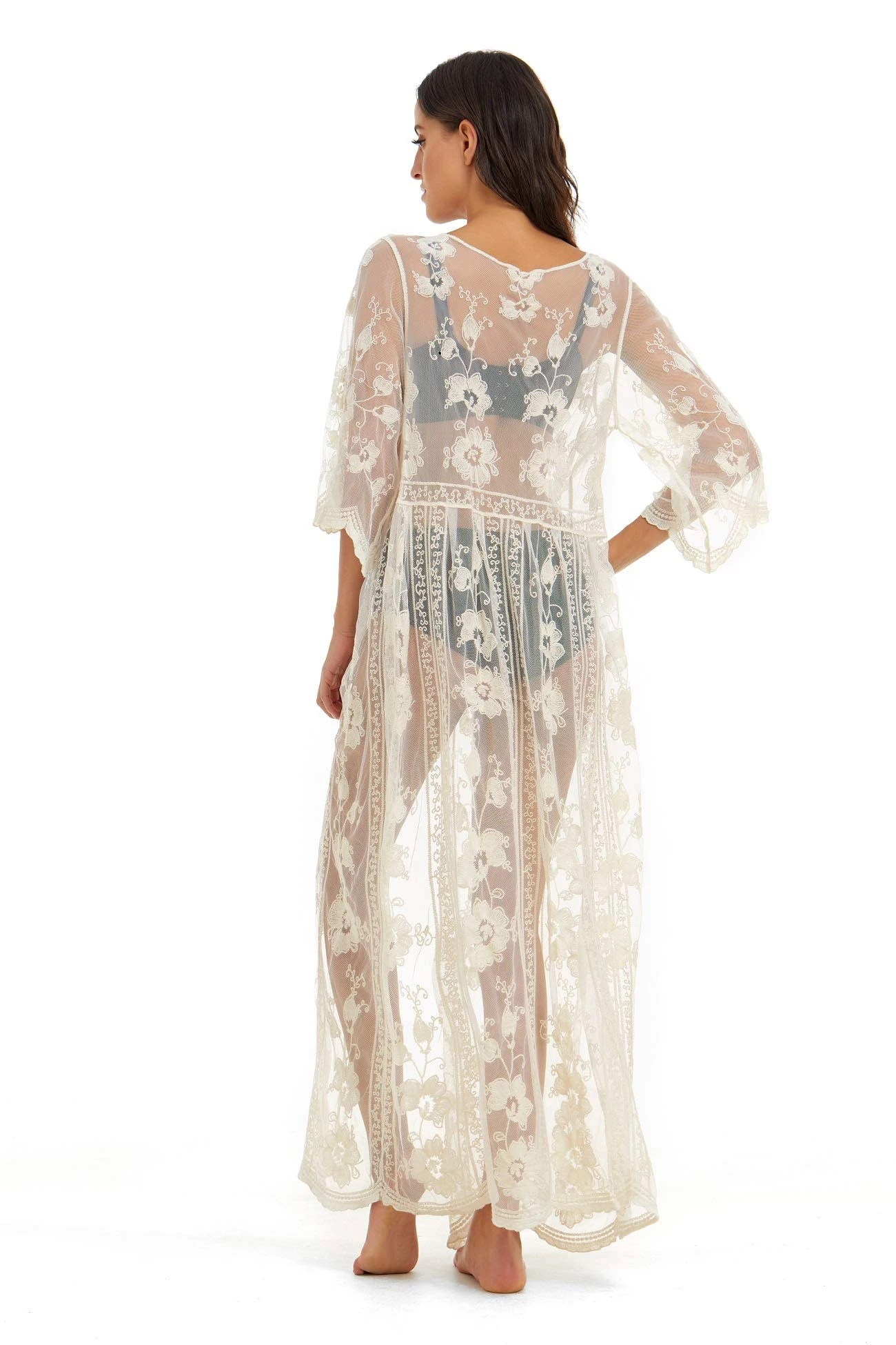 marysgift Lace Kimono for Women Beach Cover Up See Through Bikini Swimsuit Swimwear Bathing Suit Long Beach Dress Floral Cardigan Beige