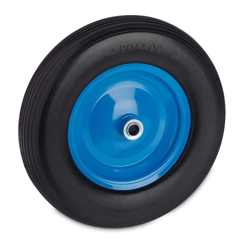 Relaxdays PU Wheelbarrow Tyre, 4.80 4.00-8, Solid Rubber Spare Wheel, Coloured Steel Rim, up to 120 kg, Black/Blue