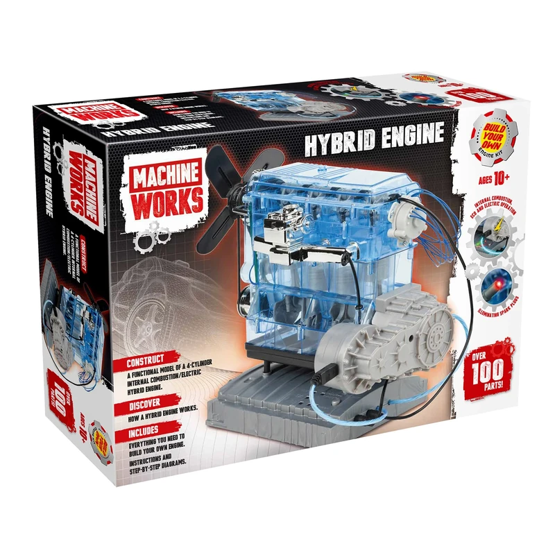 Machine Works Build Your Own 4-Cylinder Hybrid Electric Engine Toy - Replica Model Building Kit - Features 3 Demo Modes, 100+ Pieces, 10+ Years