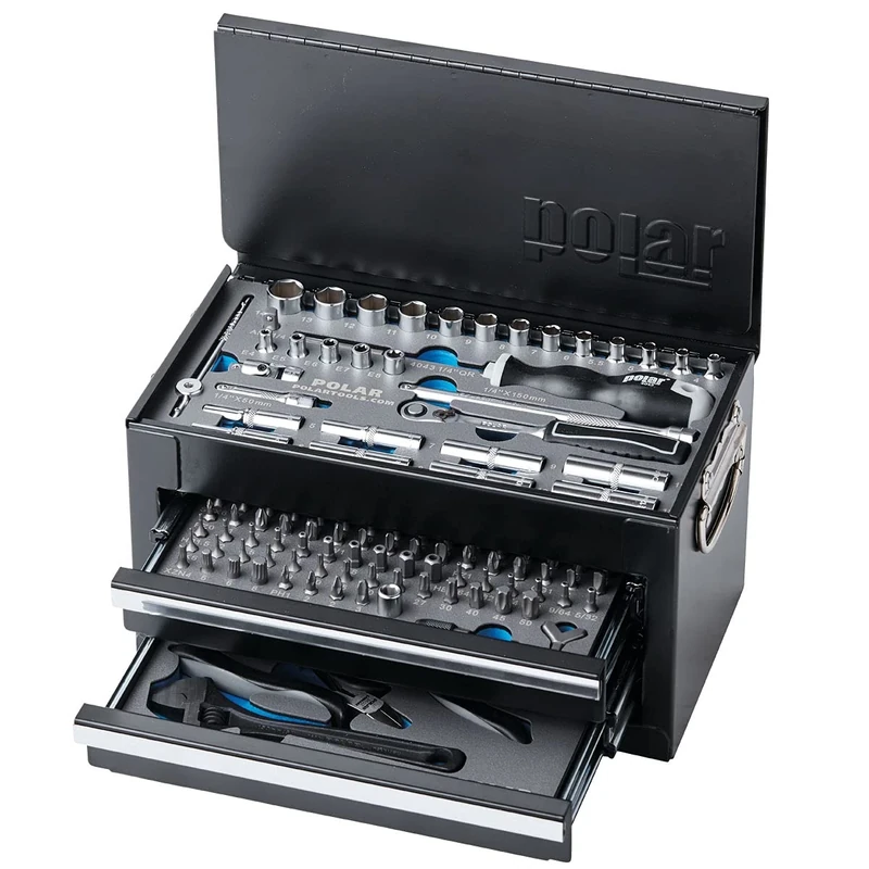 Polar® Premium Tool-Box with 141 Tools I Tool-Set in Metal Box with Magnetic bitholder Screwdriver, sockets, Ratchet, Adjustable Wrench, Pliers, bits & More I Suitable for Mechanics & homeworkers