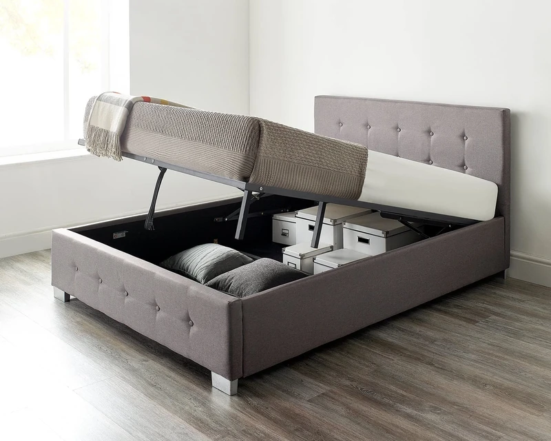 Aspire Beds Upholstered Storage Ottoman Bed Frames With End or Side Opening Ottoman Lift, End Opening, Grey Linen, 5ft King Size 150 x 200