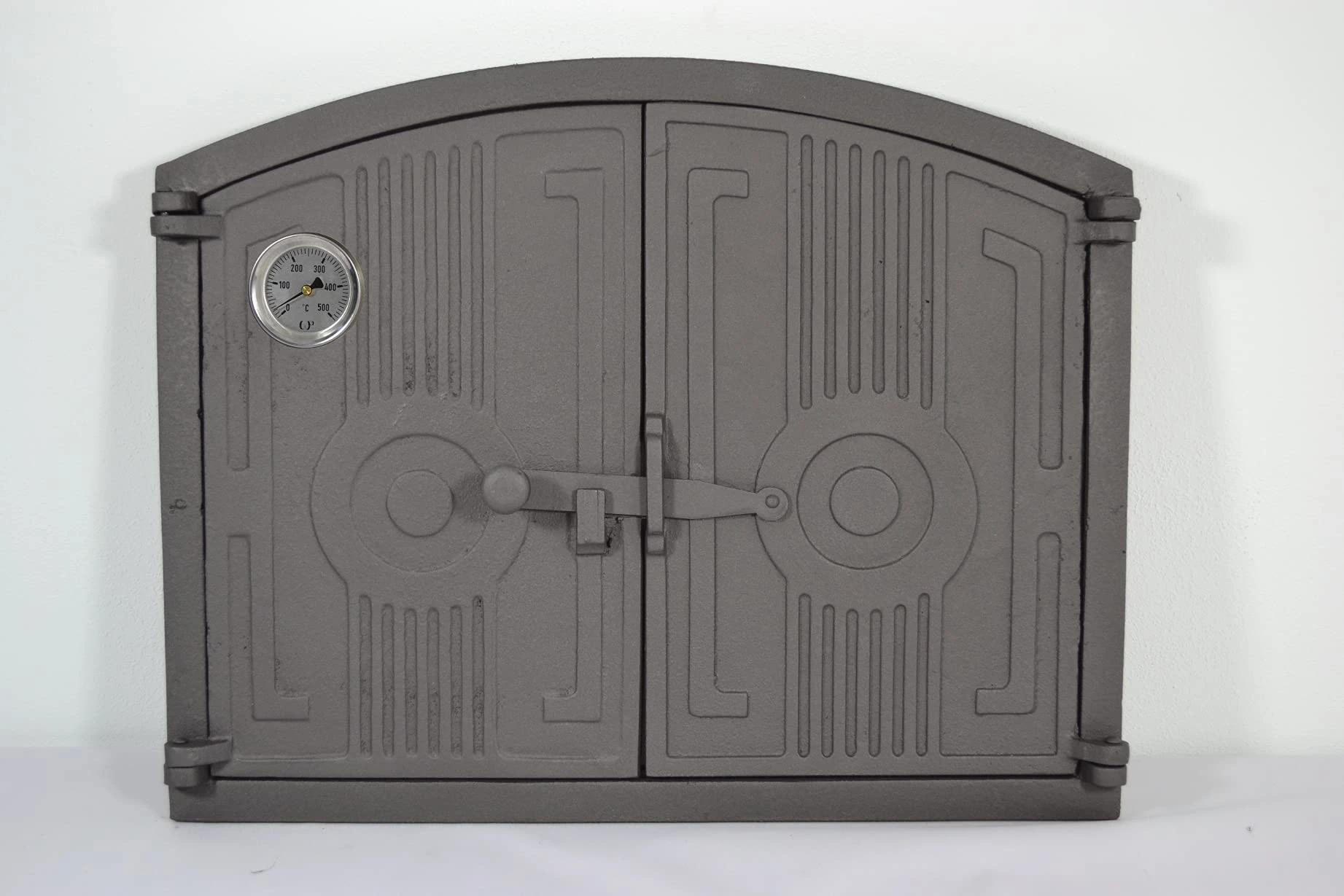 SEZAM light double door for ovens made of cast iron with thermometer 500 °C - with door bolt, half-round, pizza oven door - bread oven - stone oven door, 48 x 3 x 38 cm, painted graphite
